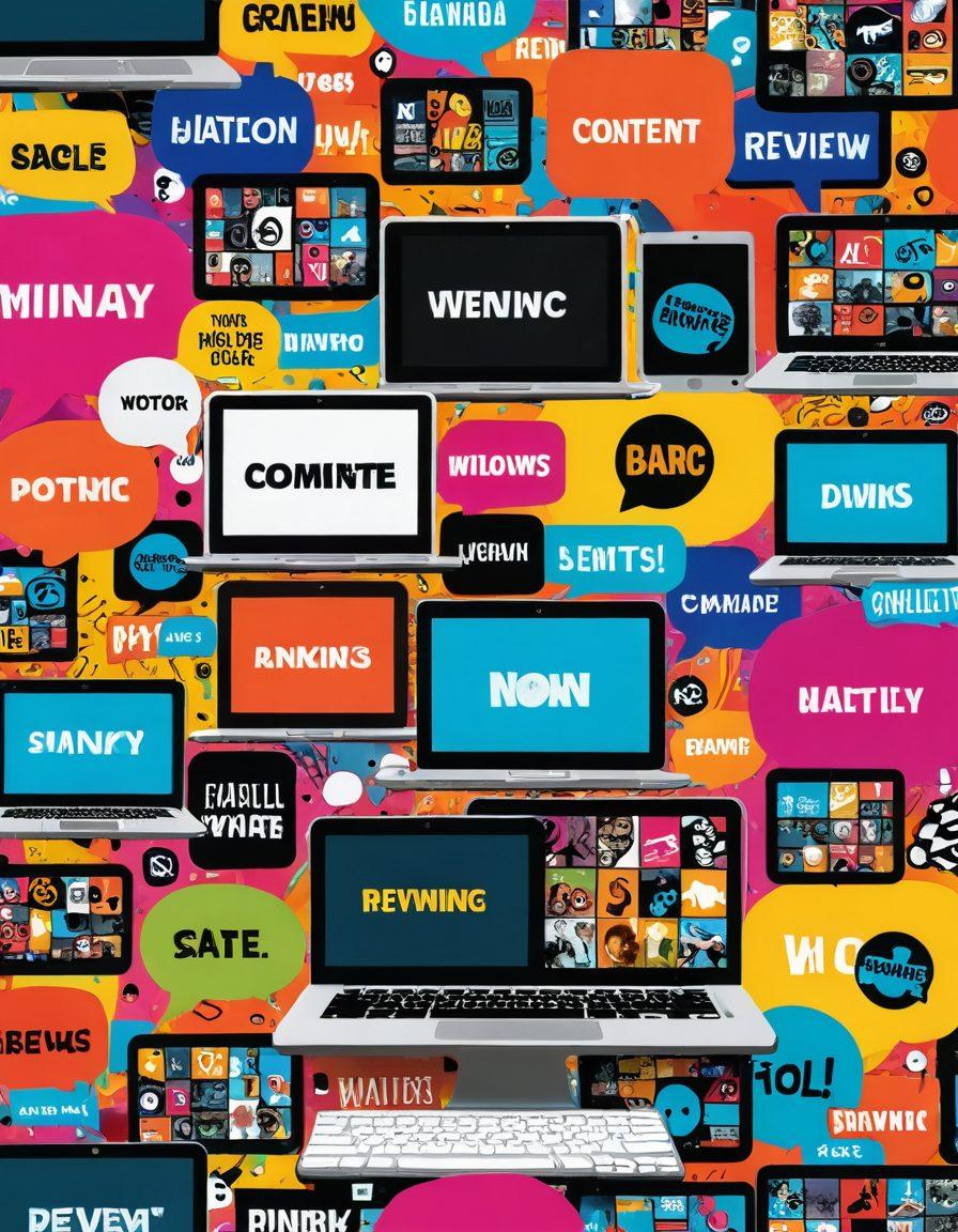 A dynamic collage featuring popular video content elements such as film reels, streaming icons, and colorful thumbnails. Incorporate enthusiastic viewers engaging with diverse content on laptops and mobile devices, surrounded by vibrant speech bubbles with review snippets. The backdrop should evoke a sense of excitement and discovery in modern digital spaces. neon colors. modern graphic design. high contrast.