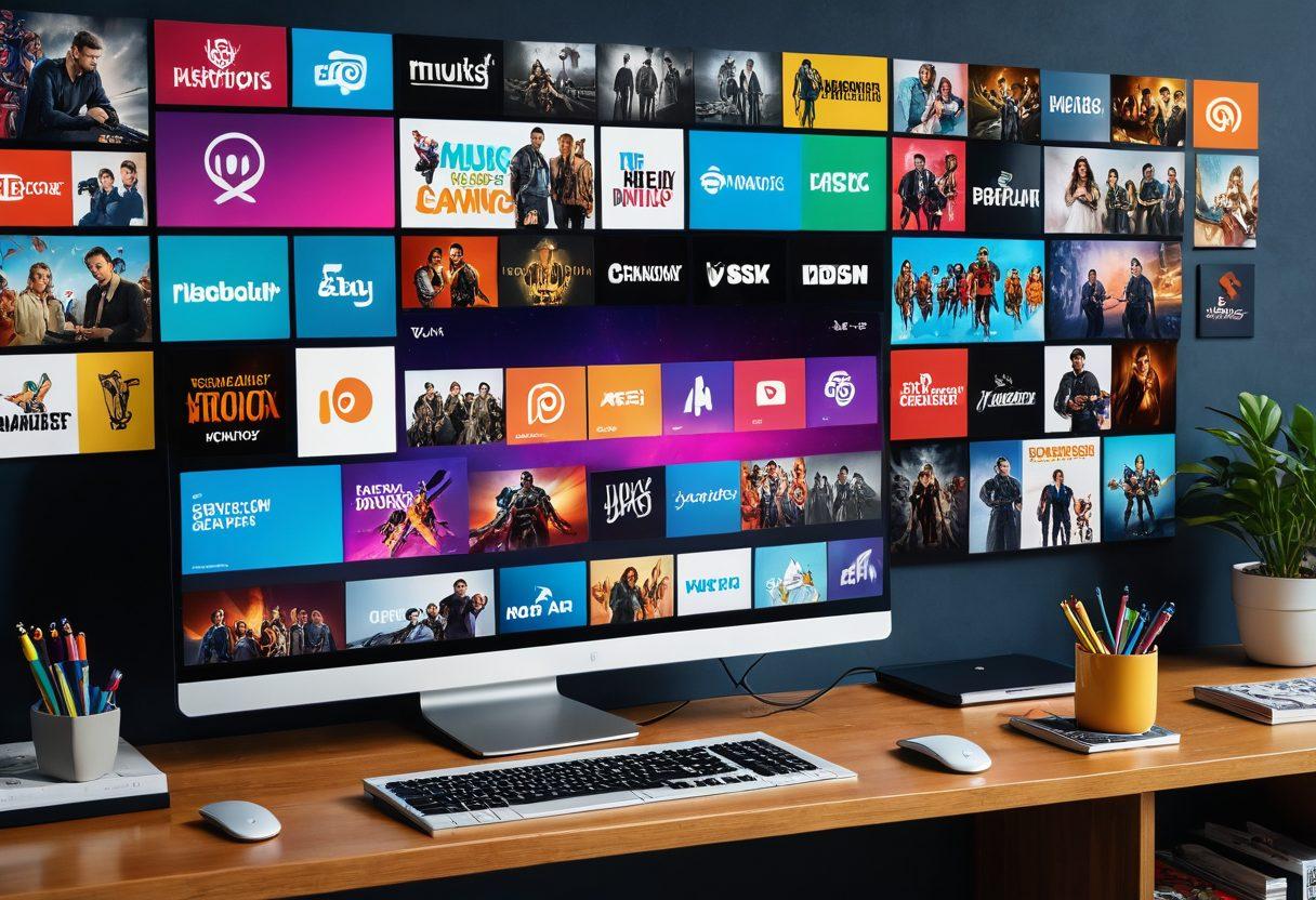 A dynamic collage showcasing various digital entertainment elements: a vibrant streaming interface displaying popular shows, a reviewer taking notes with a laptop, trending hashtags floating above, and colorful icons of music, movies, and gaming. The background features a modern living room setup with a TV and streaming devices. super-realistic. vibrant colors. 3D.