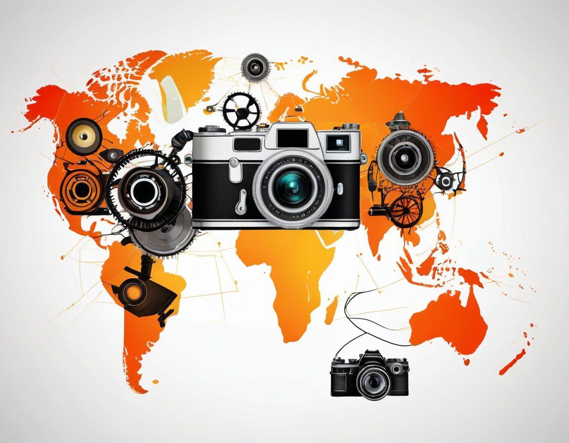 An intricate collage showcasing diverse multimedia formats, featuring a vintage film reel, vibrant social media icons, and a modern video camera. Include a world map that symbolizes global connectivity and creativity in the multimedia landscape. Utilize a bright color palette to evoke a sense of dynamism and innovation. vector art. vibrant colors. white background.